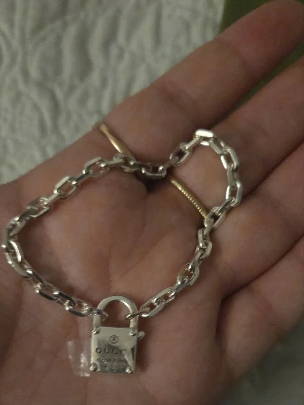 Authentic Gucci Silver Padlock Chain Bracelet with Charm